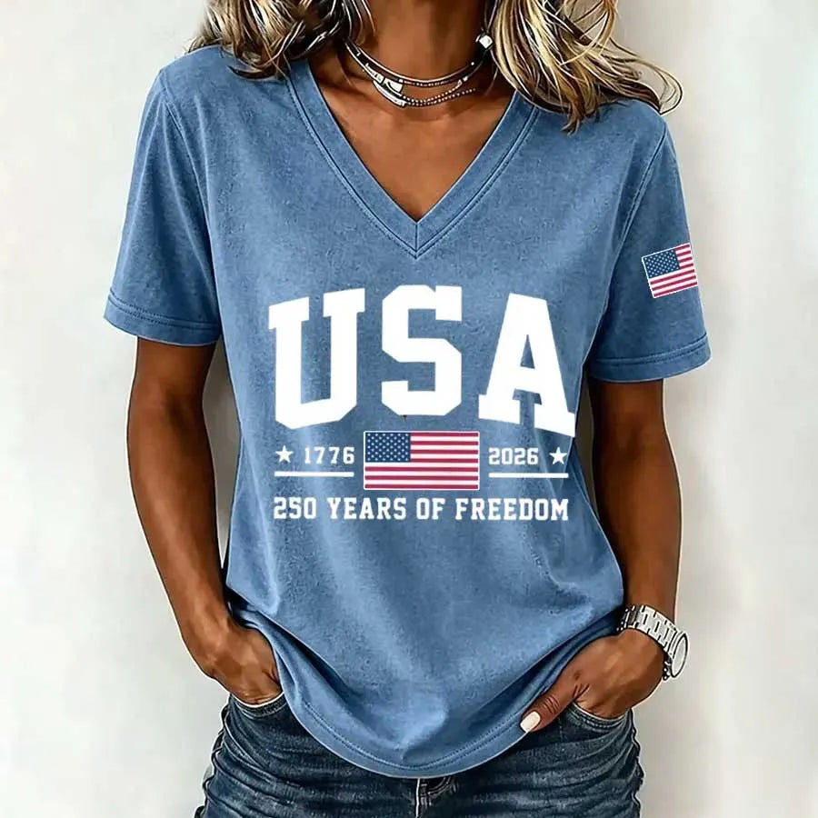 Women's America Flag Floral Print Casual V-Neck T-Shirt