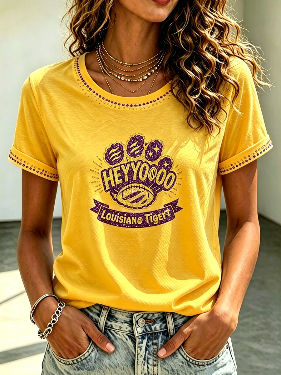 Women'S Rugby Printed Round Neck Short Sleeved T-Shirt