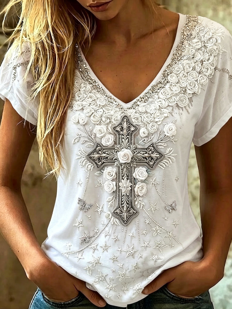 Women's Vintage Cotton-Linen Top with Cross Pattern