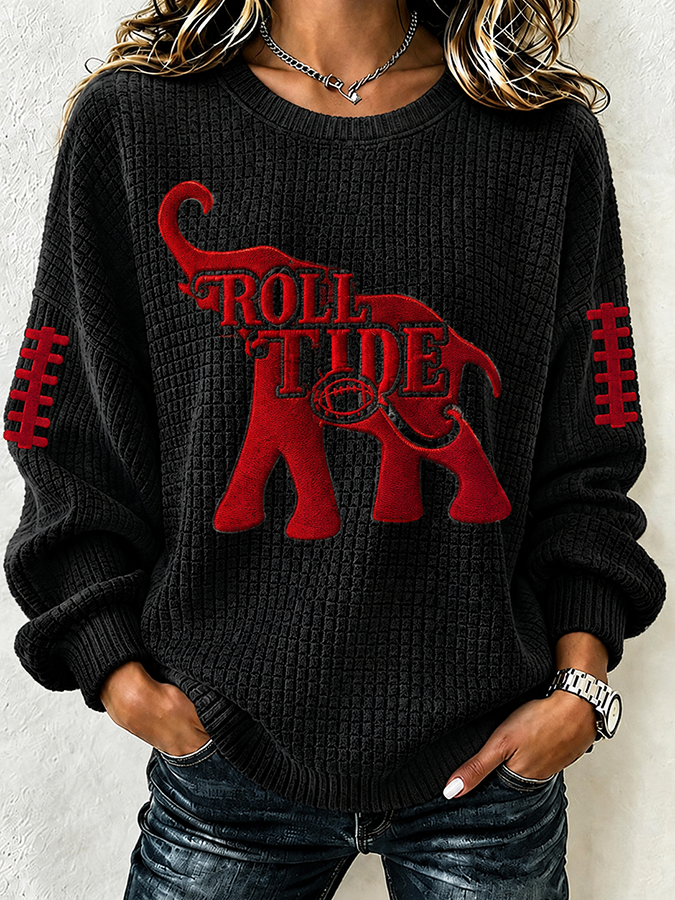 Women'S Football Print Waffle Long Sleeved Round Neck Sweatshirt