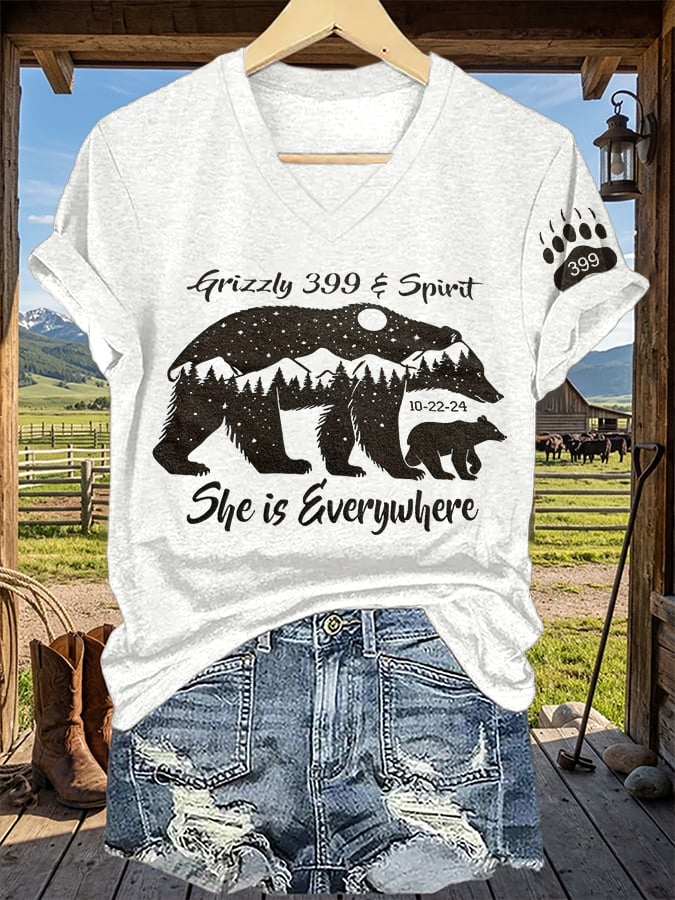 V-Neck Retro Grizzly 399 And Spirit 10-22-24 She Is Everywhere Print T-Shirt