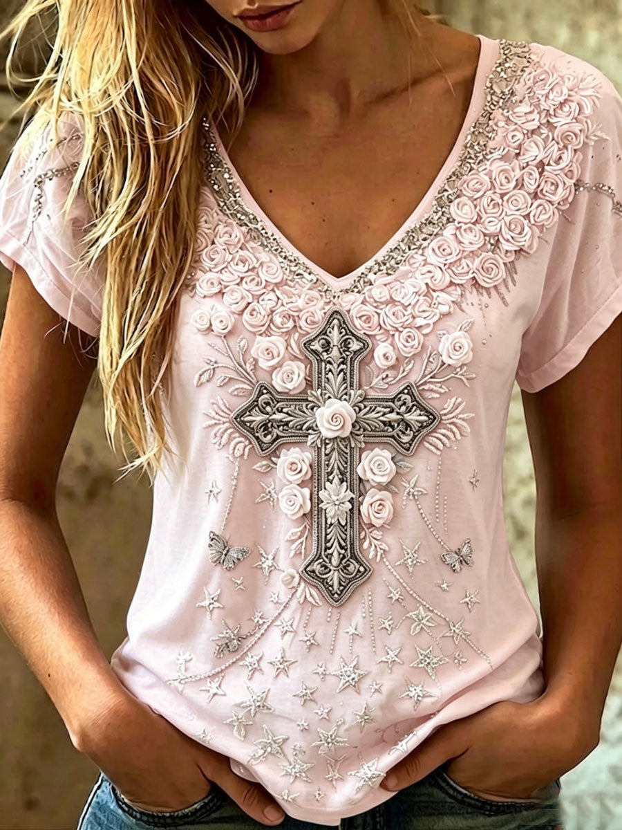 Women's Vintage Cotton-Linen Top with Cross Pattern