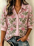 Women's Breast Cancer Awareness Pink Rose Floral Embroidered Button-up Shirt