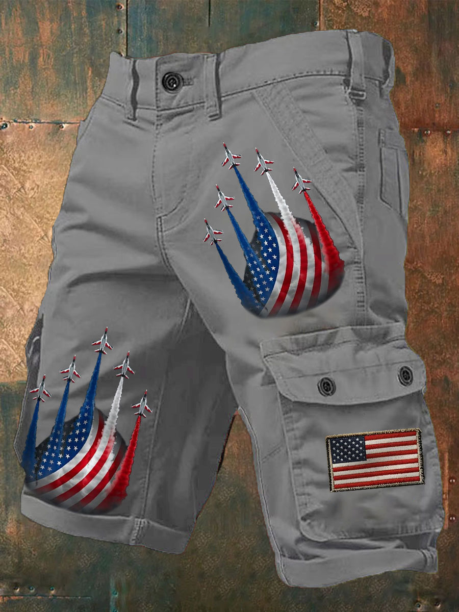 Men's Independence Day American Flag Jet Planes Print Casual Cargo Shorts