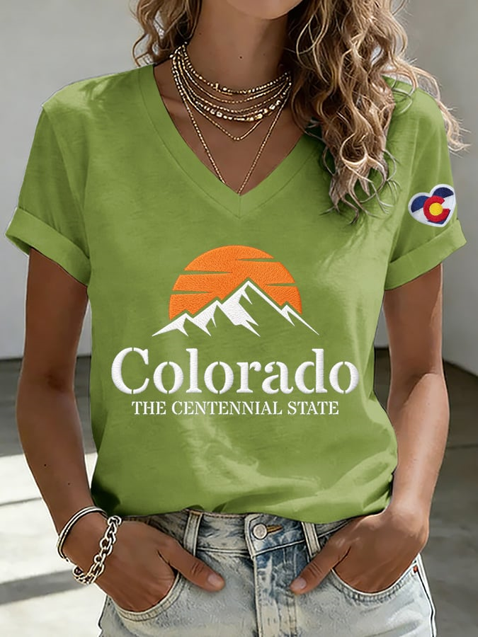 V-Neck Retro Colorado The Centennial State Print T-Shirt
