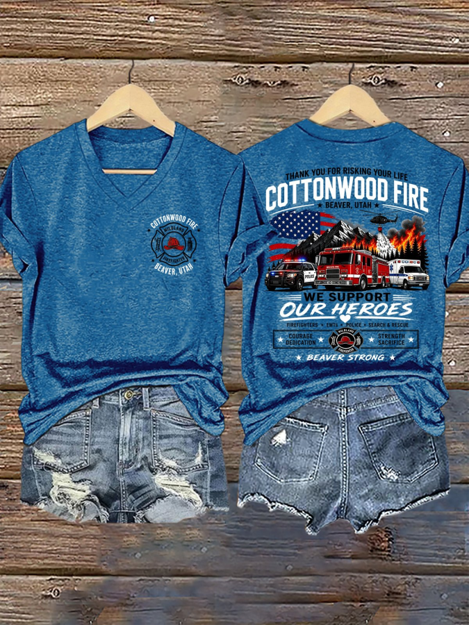 V-Neck Retro Beaver Strong Cottonwood Fire Beaver, Utah We Support Our Heroes Courage • Dedication • Strength • Sacrifice Print T-Shirt