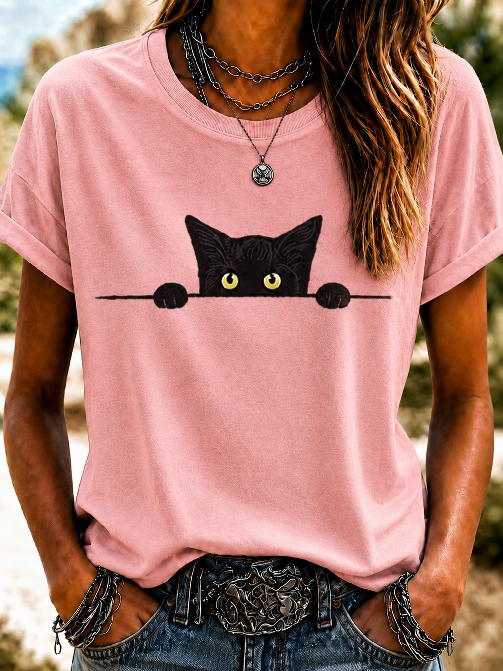 Women'S Cute Cat Art Printed Round Neck T-Shirt