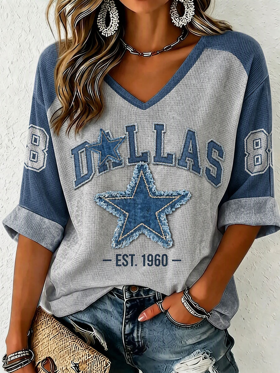 Women'S Rugby Patterned Waffle V-Neck Top