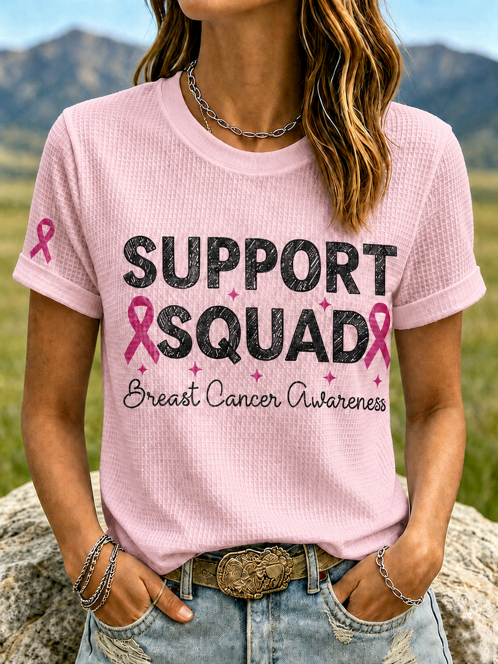 Women'S Support Squad Breast Cancer Awareness Waffle Short Sleeve T-Shirt