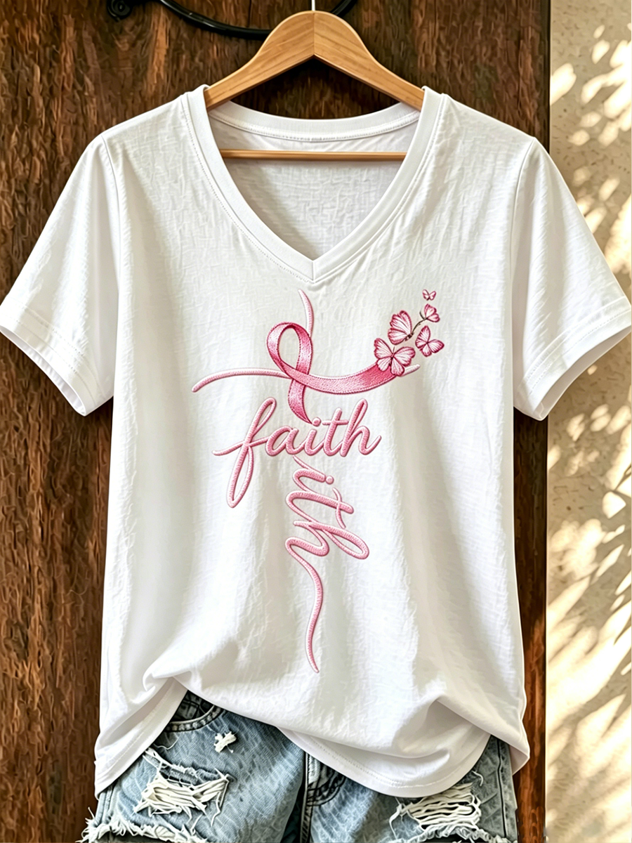 Women's Minimalist Letter Ribbon Embroidered Casual T-Shirt