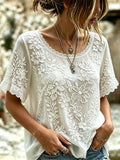 Women's Retro Bohemian Style Floral Embroidery Print Lace Short-sleeve Top