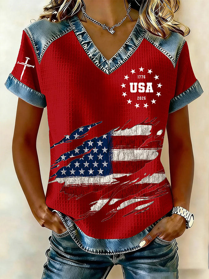 Women's Retro 250th Independence Day Round Neck Waffle Hoodie
