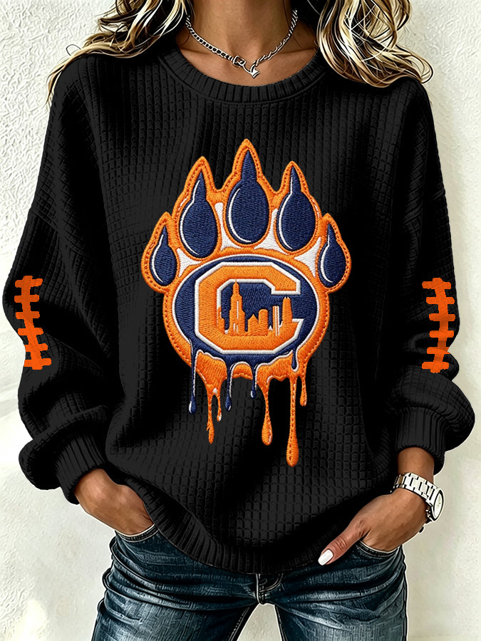 Women'S Football Print Waffle Long Sleeved Round Neck Sweatshirt