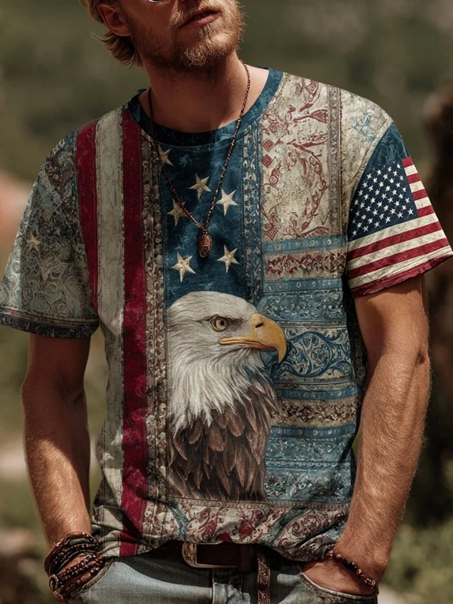 Men's Vintage Independence Day Eagle Inspired Patchwork Art T Shirt