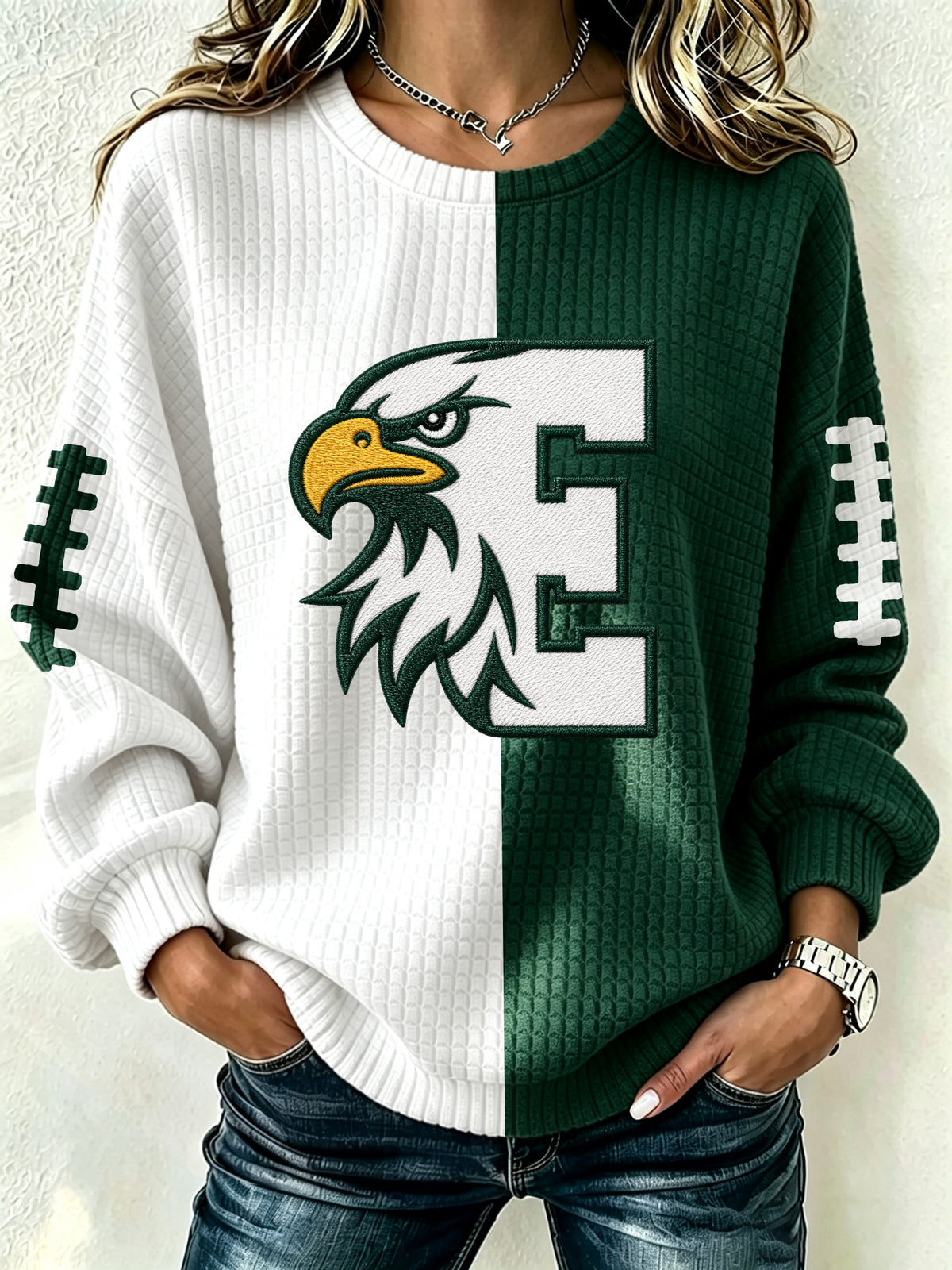 Women's football fan waffle long sleeved round neck sports shirt