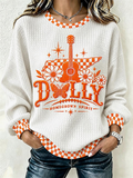 Ladies' Casual Commemorative Legendary Printed Round Neck Waffle Top