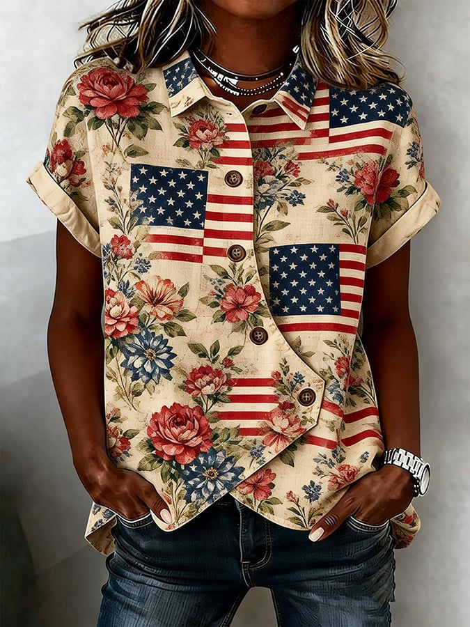 Women's Casual Retro Cotton-Linen Patriotic Shirt