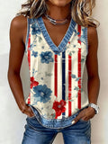 Women's Printed Denim Patchwork Print Top