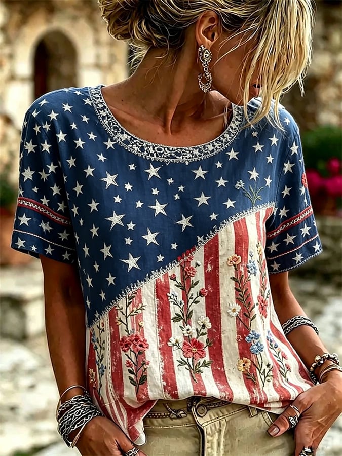 Women'S Casual Independence Day Print Top