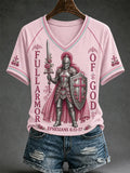 Women's Christian Full Armor Of God Print Casual V-Neck Tee
