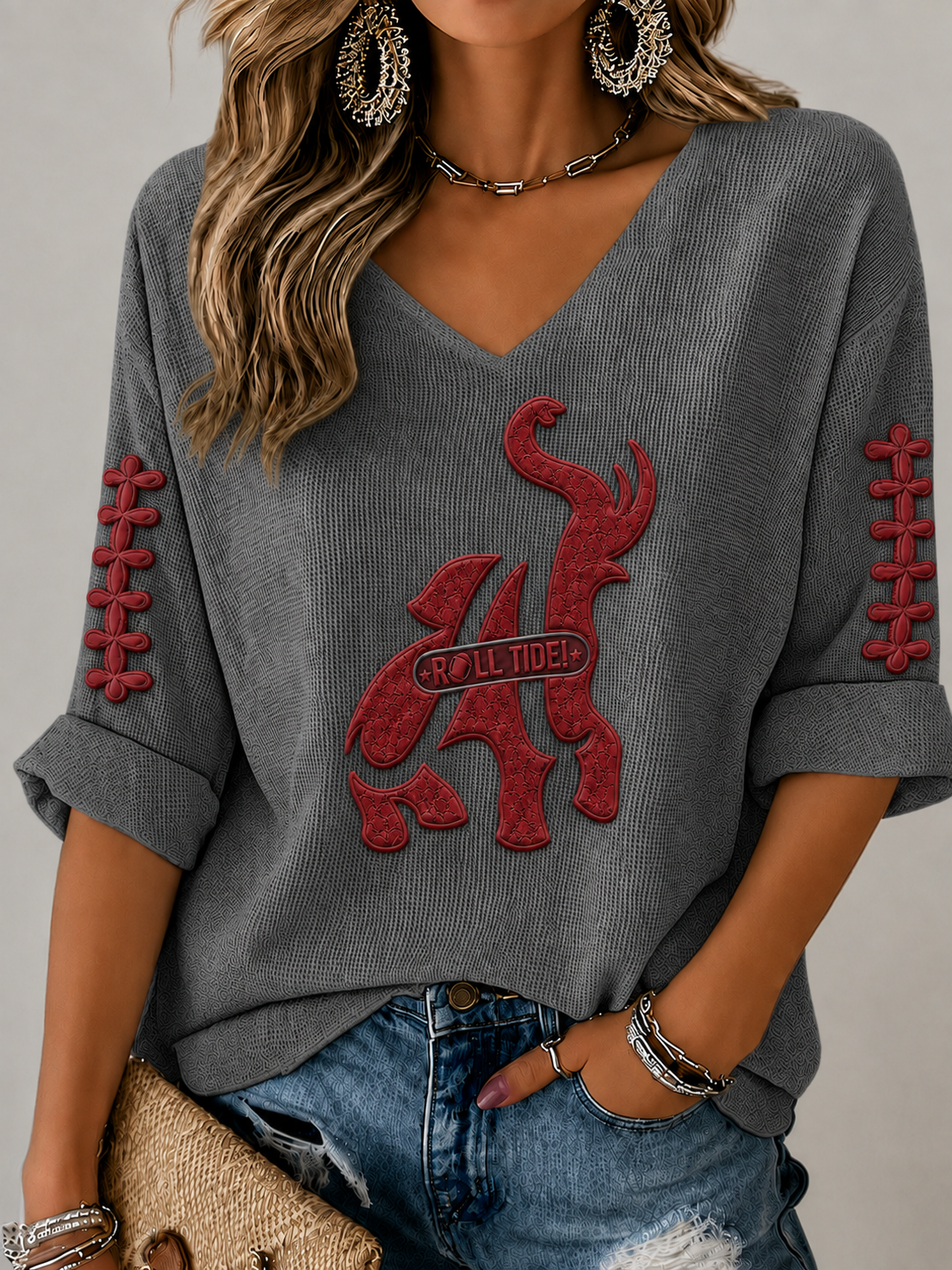 Women'S Rugby Patterned Waffle V-Neck Top