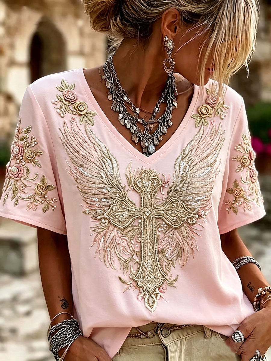 Ladies' V-Neck Cotton Linen Short Sleeved Flower Wing Cross Pattern