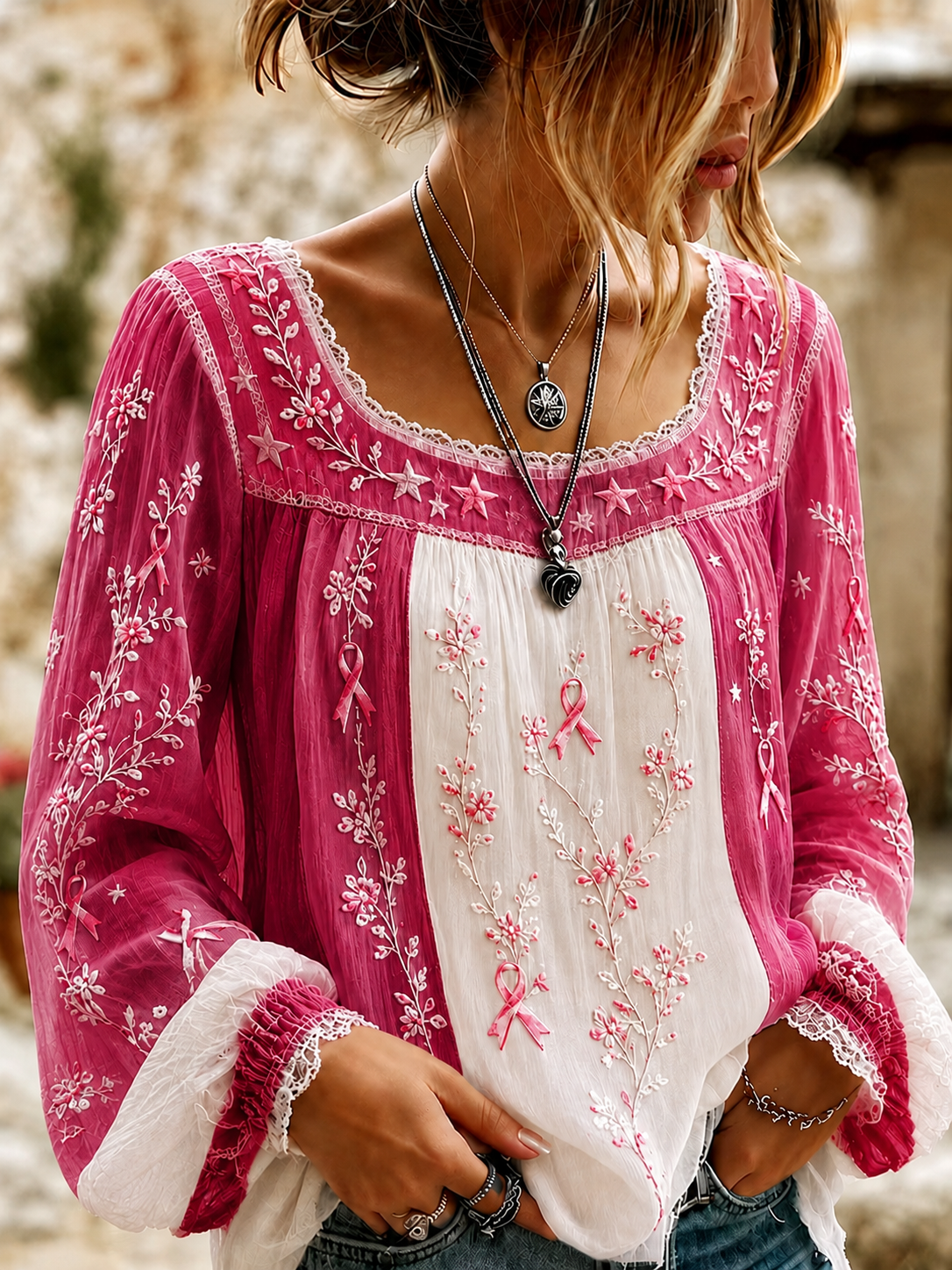 Women'S Casual Breast Cancer Awareness Publicity Print Long Sleeve Top