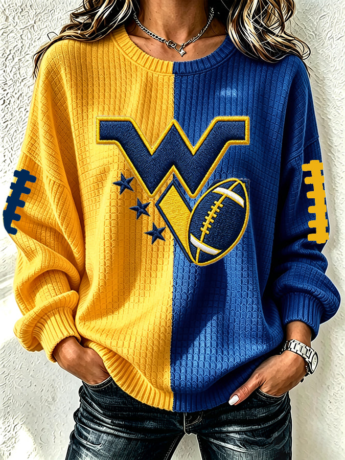 Women'S Football Fan Waffle Long Sleeved Round Neck Sweatshirt