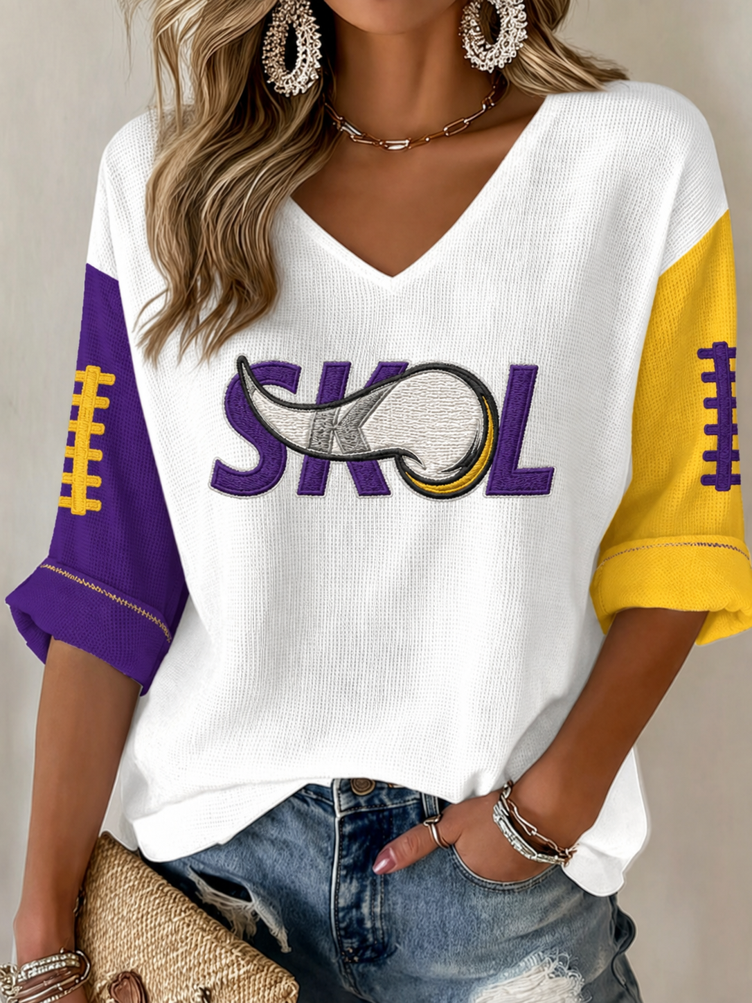Women's Football Printed Waffle V-Neck Top