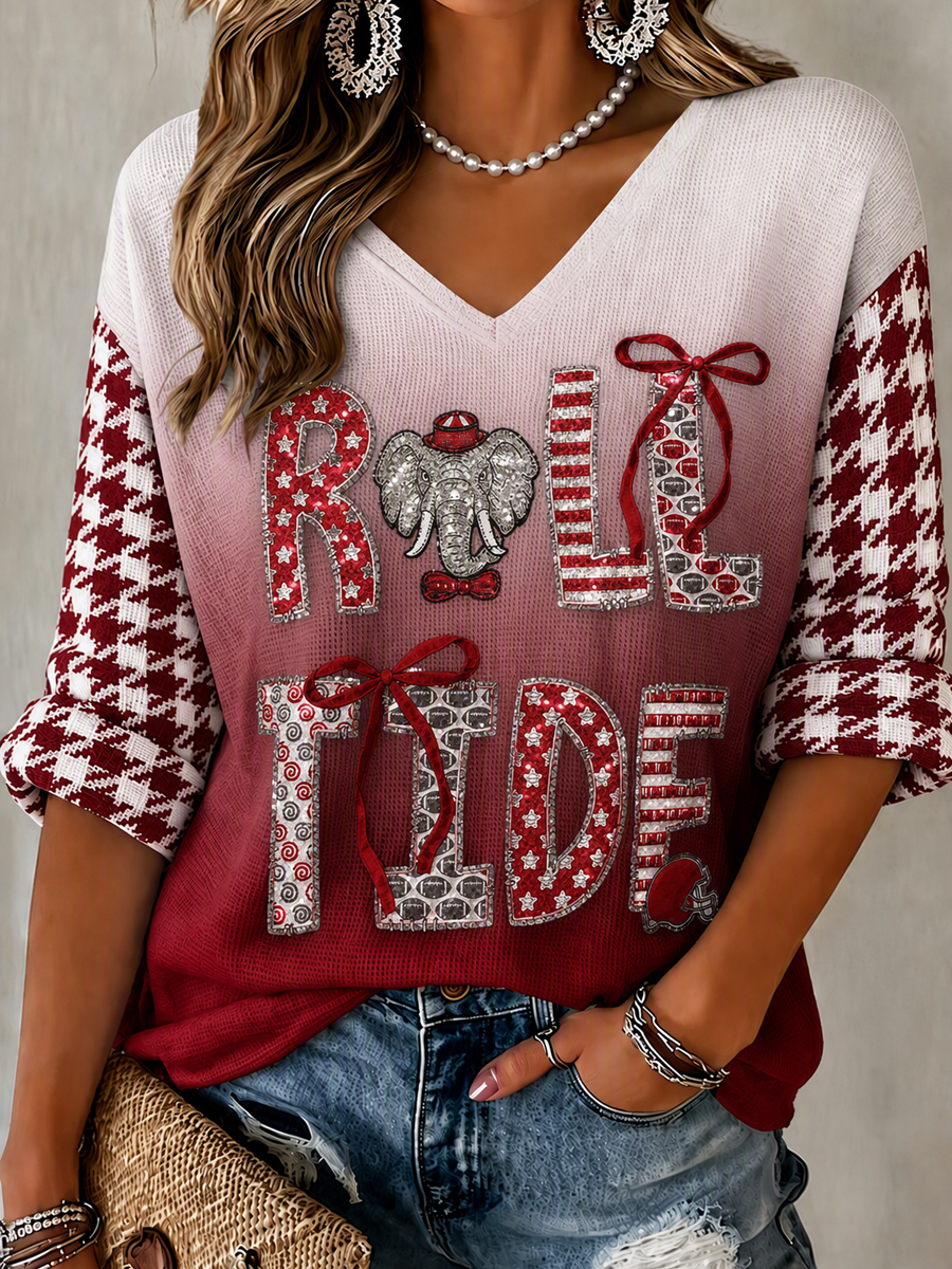 Women'S Rugby Patterned Waffle V-Neck Top