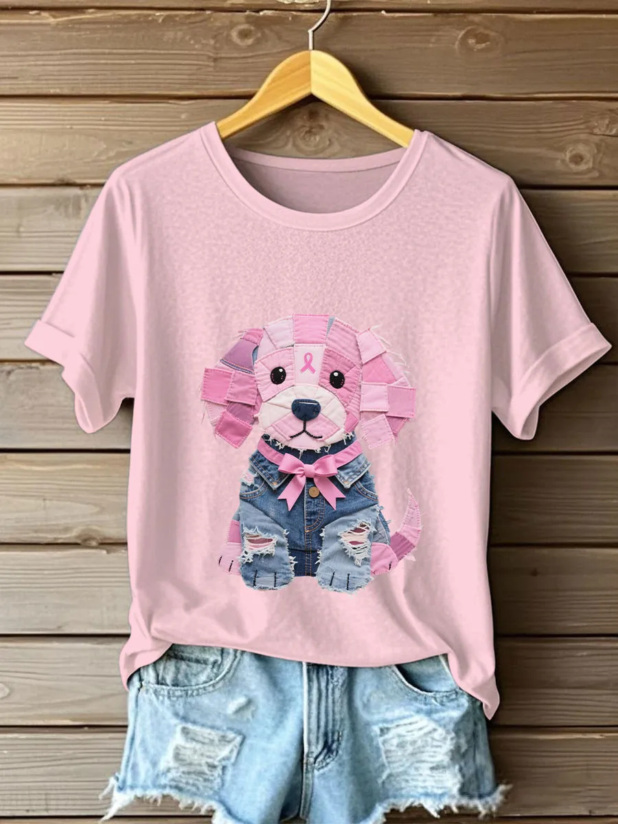 Women'S Breast Cancer Awareness Denim Puppy Print T-Shirt