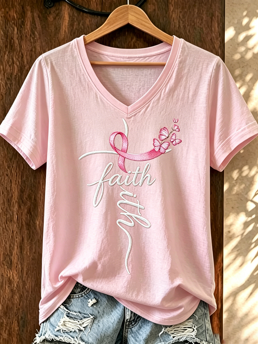 Women's Minimalist Letter Ribbon Embroidered Casual T-Shirt