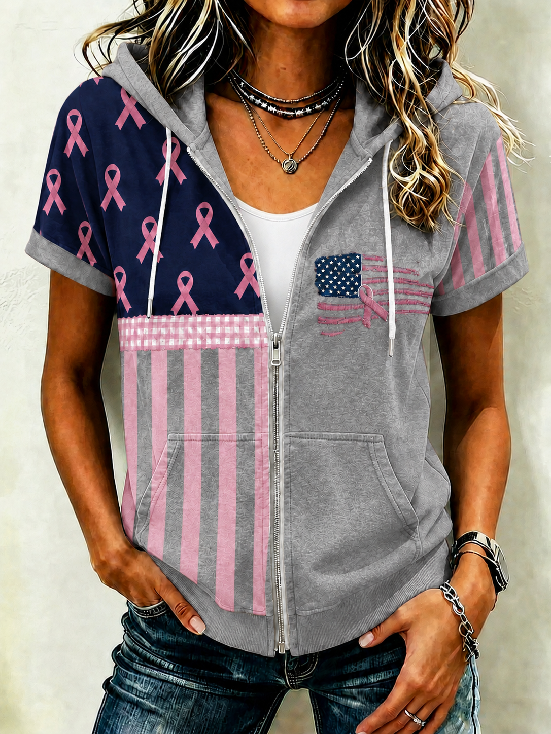 Women'S Casual Breast Cancer Awareness Promotion Prevention Printed Short Sleeved Hoodie