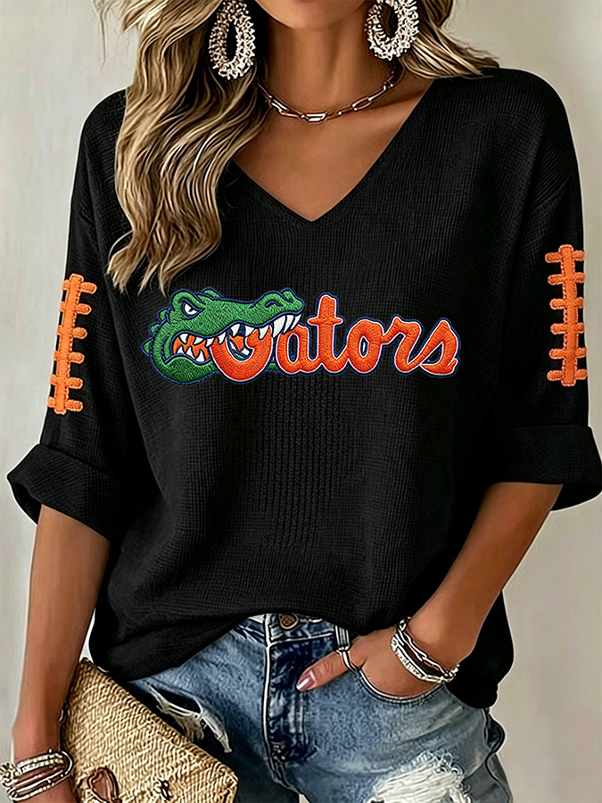 Women'S Rugby Patterned Waffle V-Neck Top