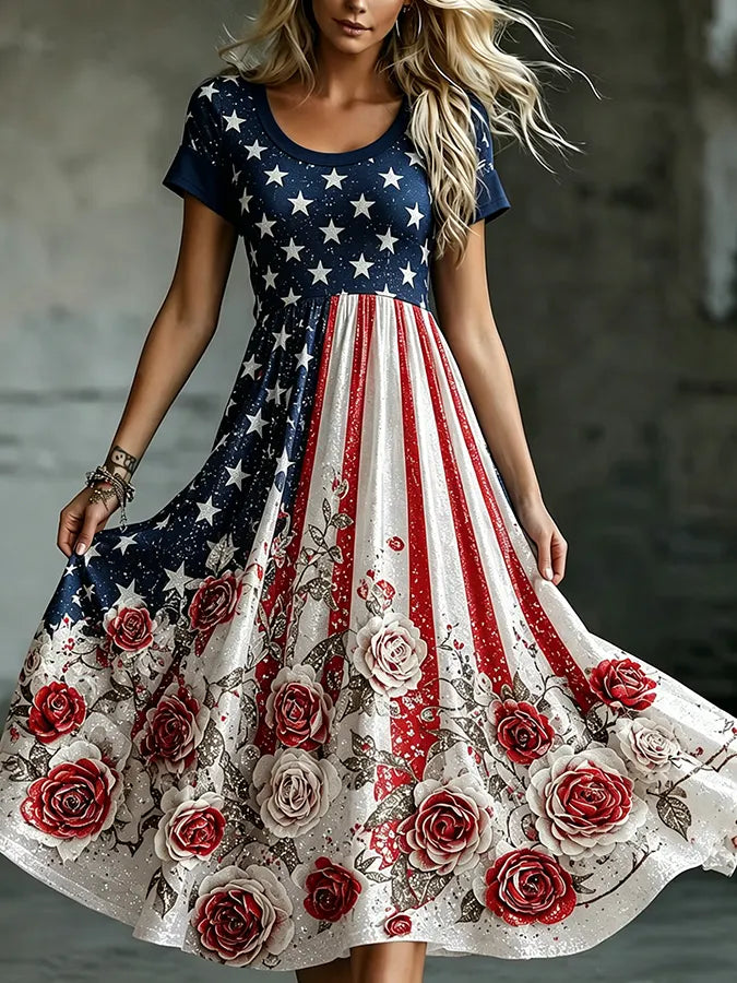 Women's Flag Floral Print Round Neck Dress