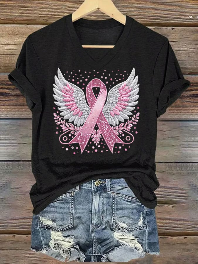 Women'S Casual Pink Ribbon Wings T-Shirt
