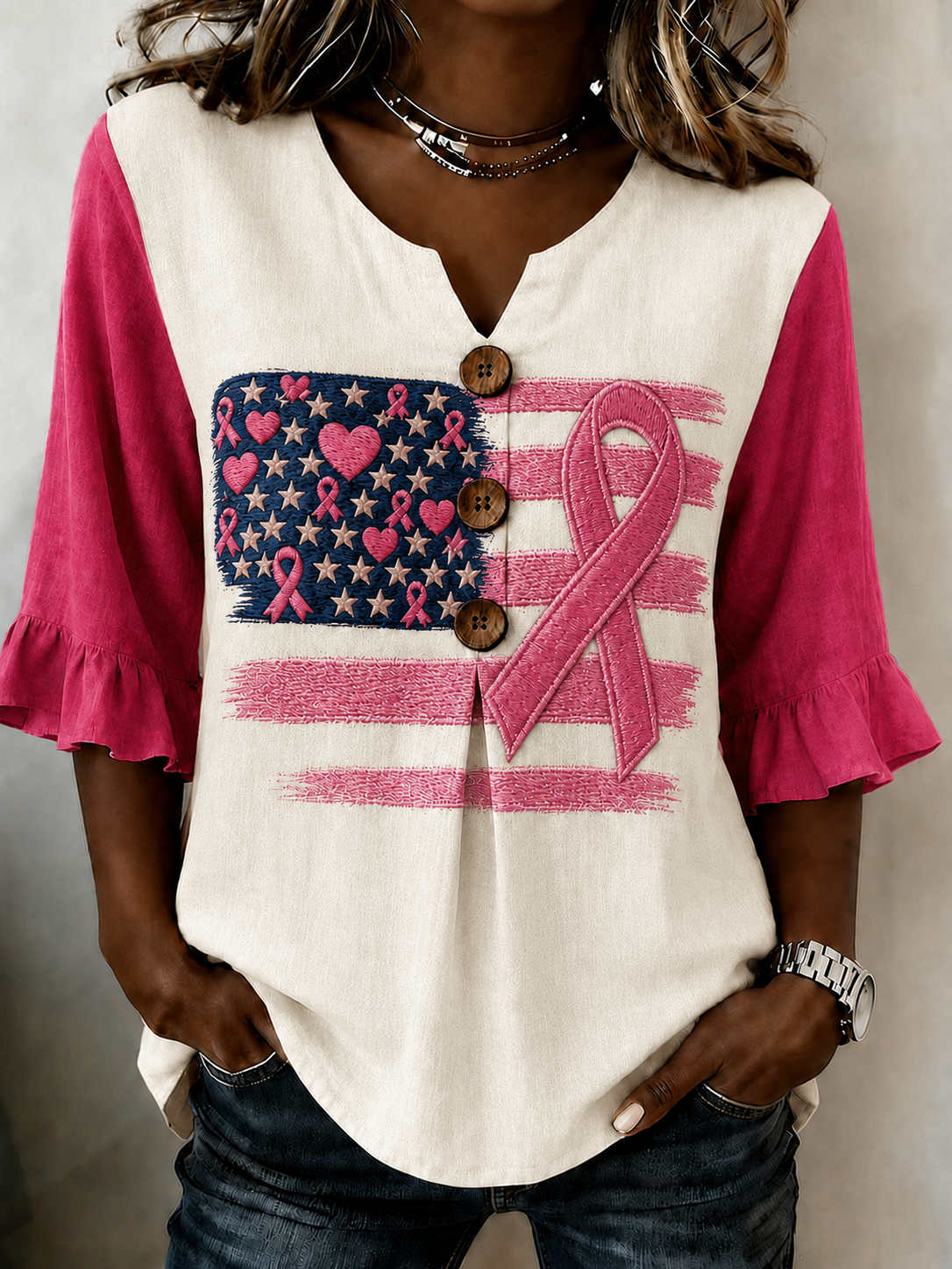 Women'S Casual National Flag Breast Cancer Awareness Propaganda Art Print Top