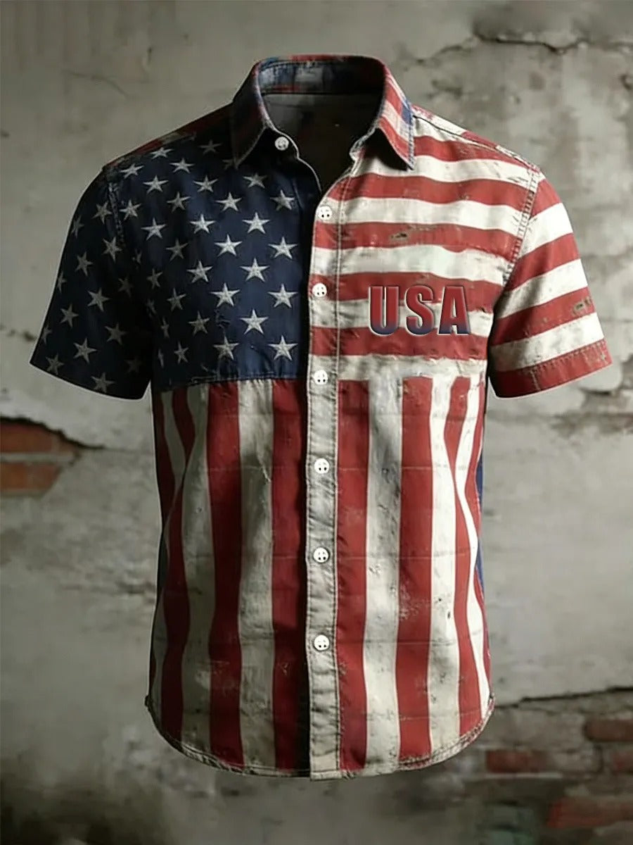 Men's Retro American Flag Printed Shirt