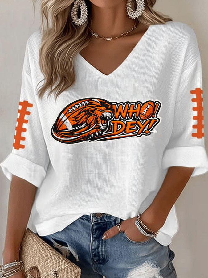 Women's Football-Print Waffle-Knit Casual T-Shirt