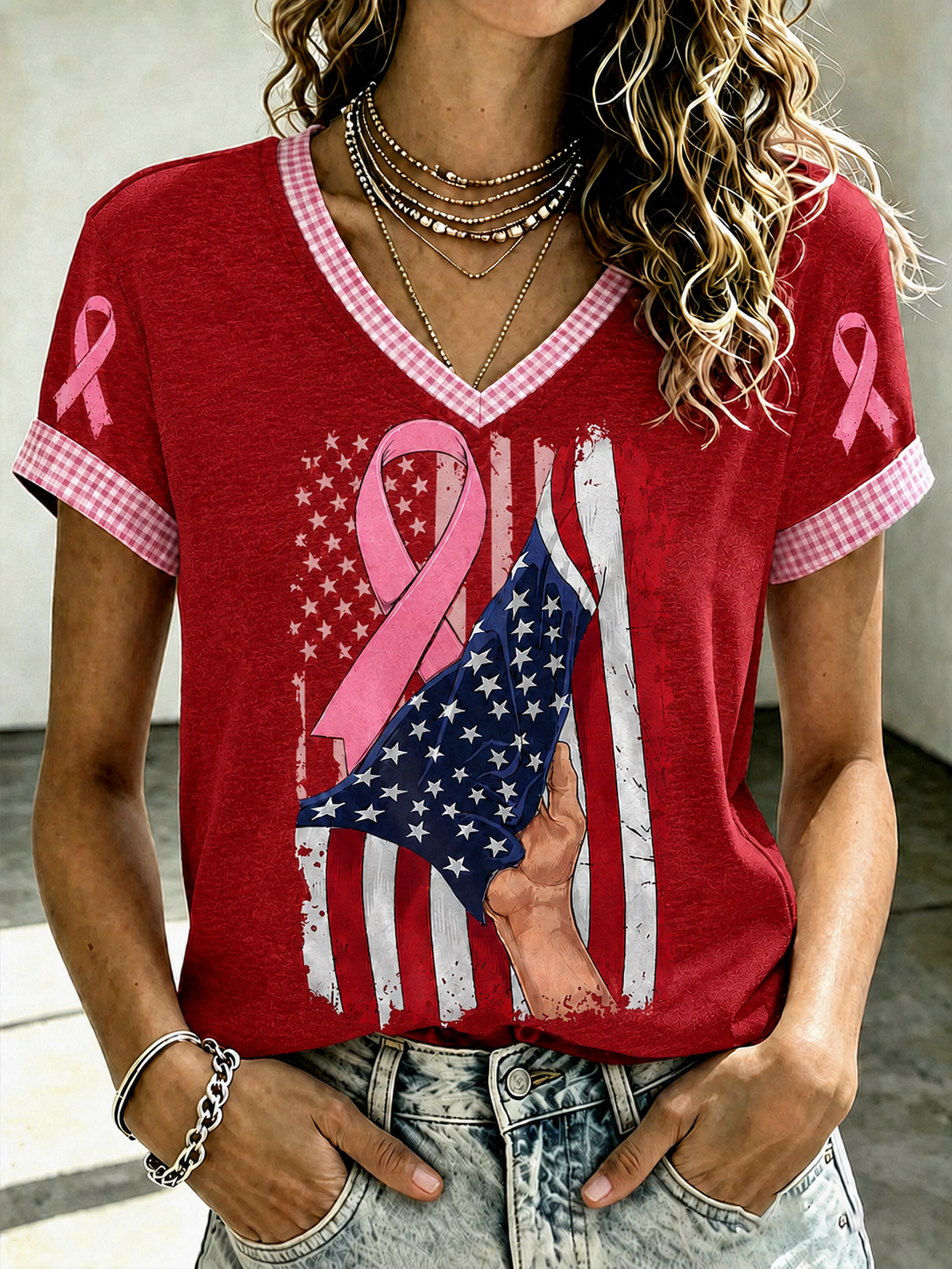 Women'S Flag Breast Cancer Awareness Print Short Sleeve T-Shirt