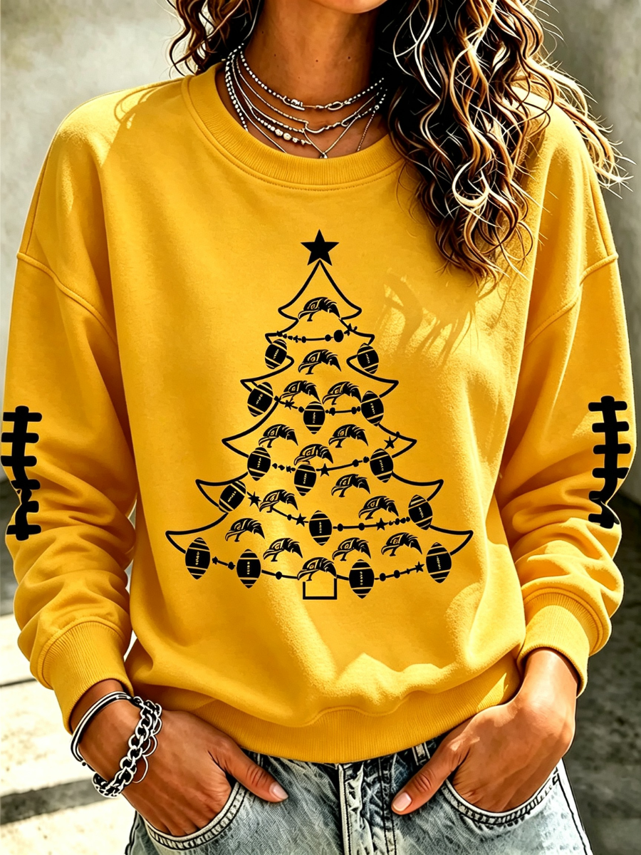 Women's Retro Football Christmas Tree Print Round Neck Sports Shirt