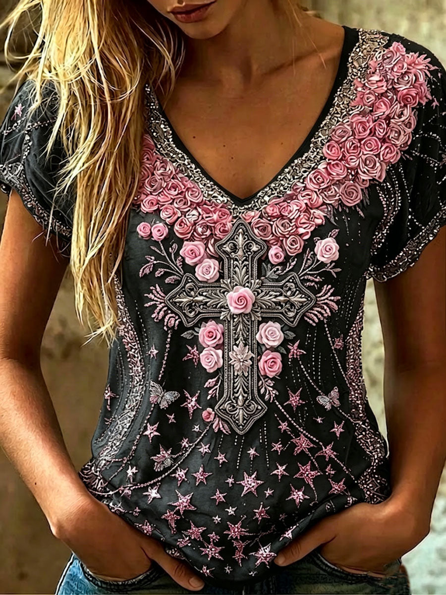 Women's Vintage Cotton-Linen Top with Cross Pattern