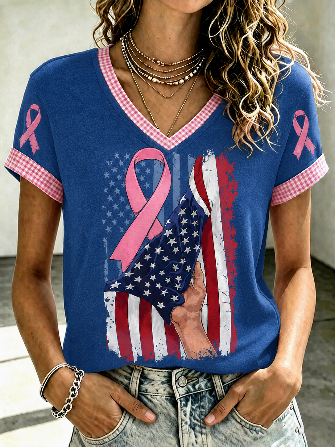 Women'S Flag Breast Cancer Awareness Print Short Sleeve T-Shirt
