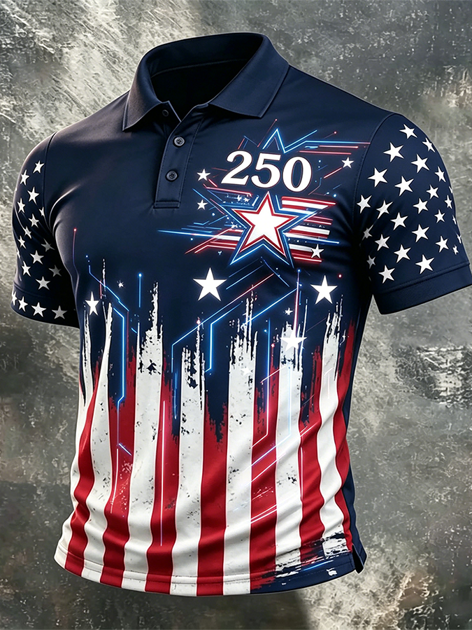 Men'S American Flag Print Casual Polo Shirt