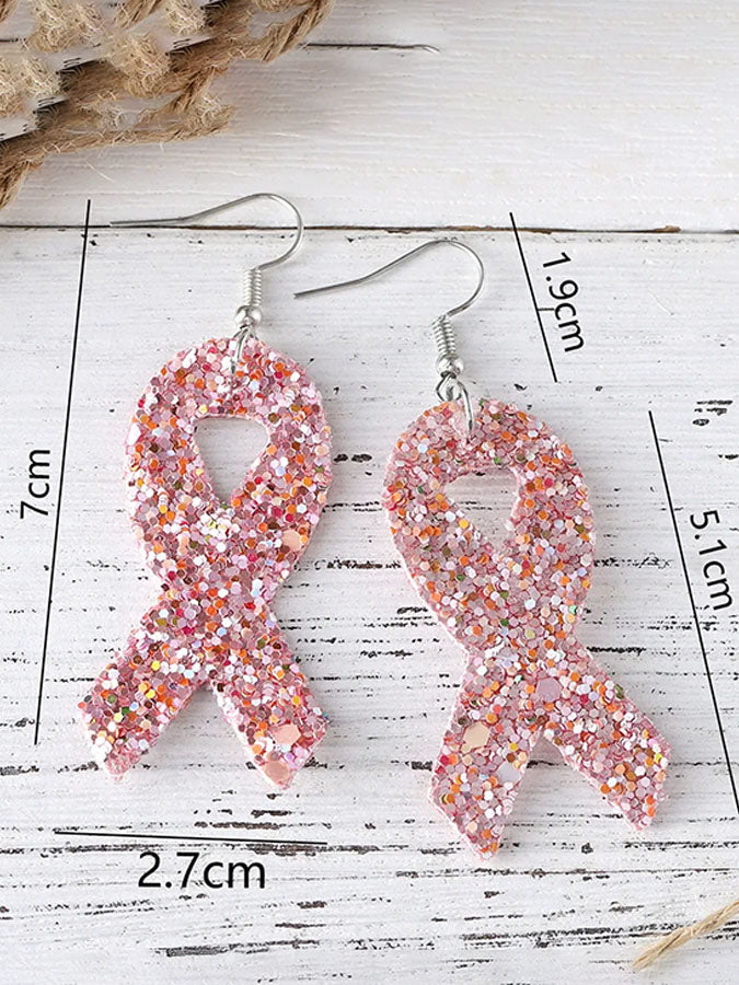 Breast Cancer Awareness Publicity Pink Ribbon Leather Sequin Pendant Earrings