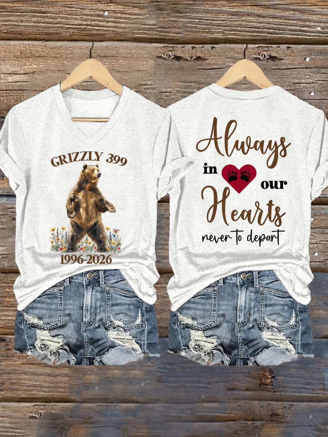 V-Neck Retro Grizzly 399 1996-2024 Always In Our Hearts Never To Depart Print T-Shirt