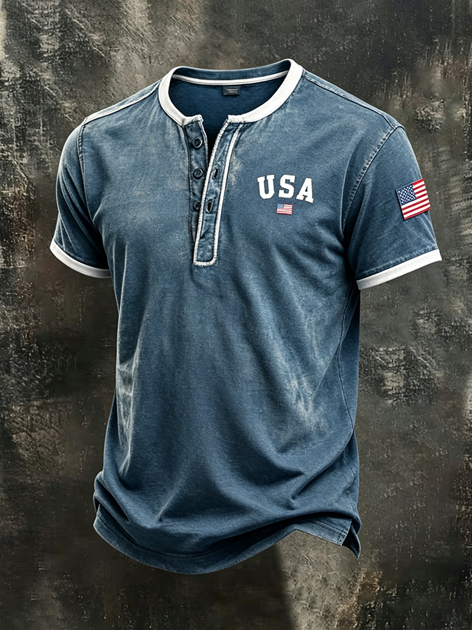 Men'S Casual American Flag Cross Cotton And Linen Henry Short Sleeved Shirt