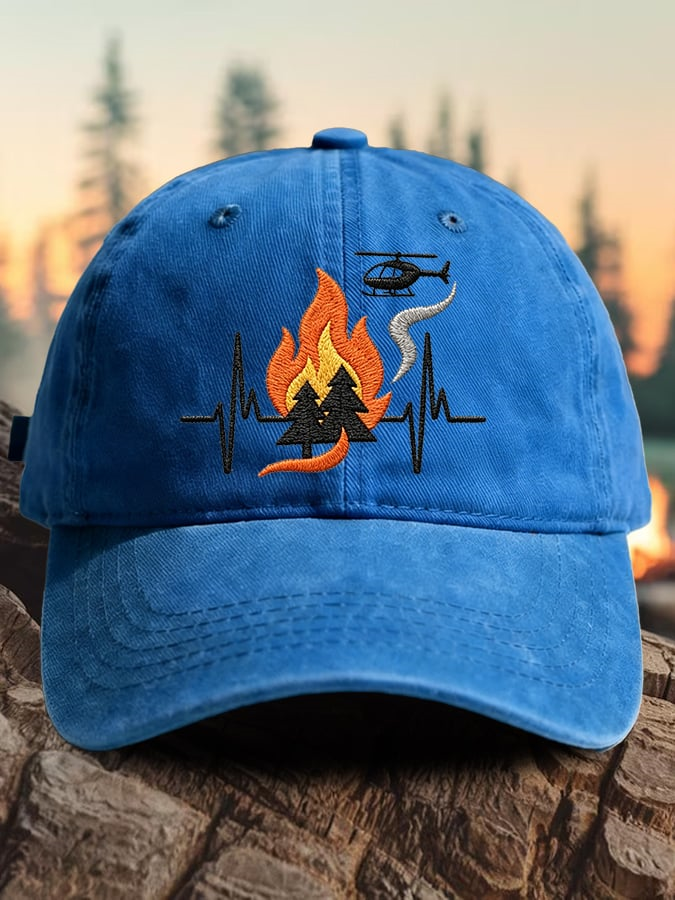 Retro Wildland Firefighter Heartbeat Fireline Flame & Helicopter Print Baseball Cap