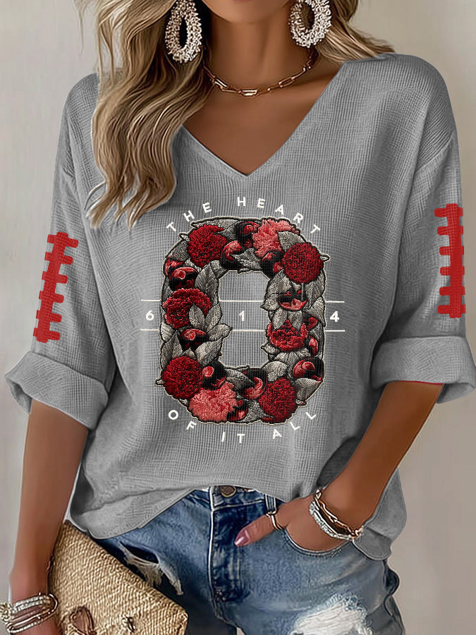 Women'S Rugby Patterned Waffle V-Neck Top