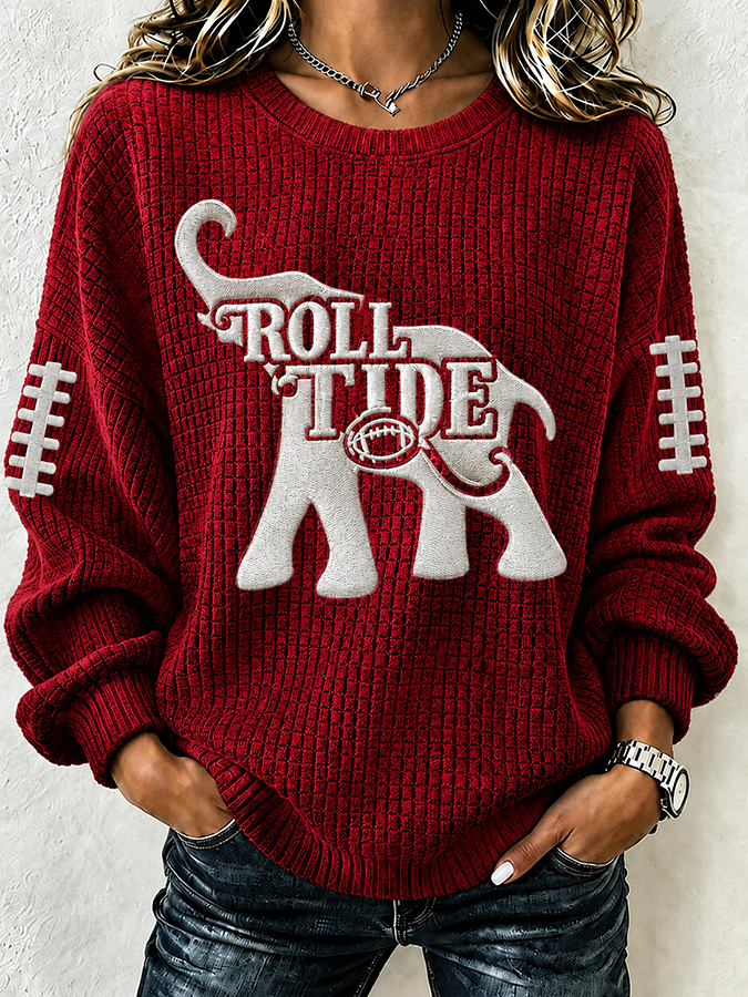 Women'S Football Print Waffle Long Sleeved Round Neck Sweatshirt